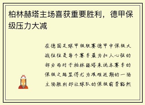 柏林赫塔主场喜获重要胜利，德甲保级压力大减